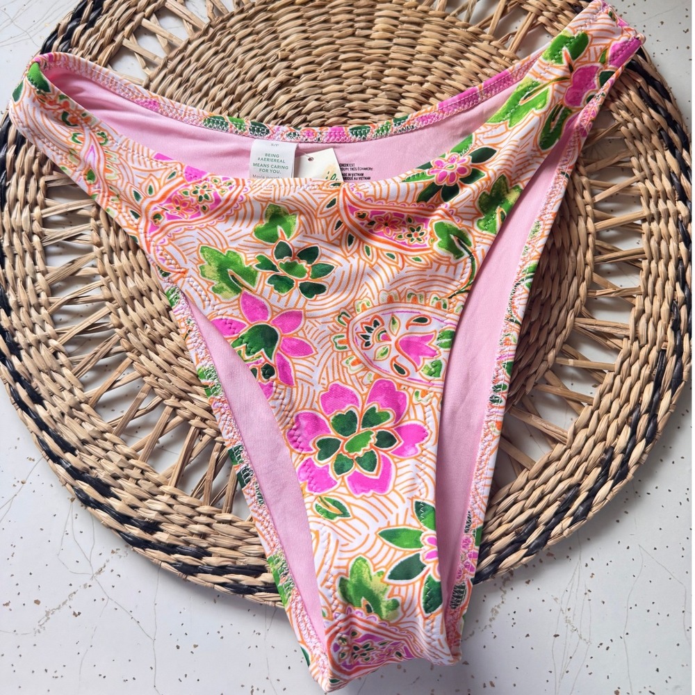 Aerie Real Good Cheekiest Bikini Bottom Small Pink Orange Floral Paisley Swim